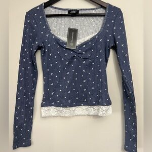 NWT Polly & Esther Cropped Floral Long Sleeve Shirt Medium Lace Babydoll Peasant